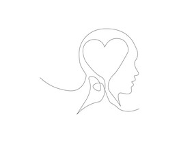 Continuous line drawing of human head with heart. Vector illustration