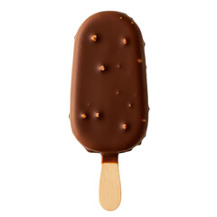 Obraz premium Delicious chocolate-coated ice cream bar on a wooden stick against a plain background (1)