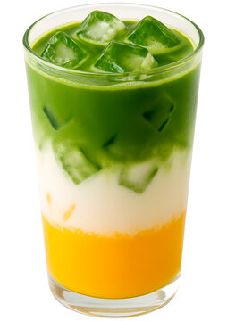 Mango iced matcha latte on transparent background