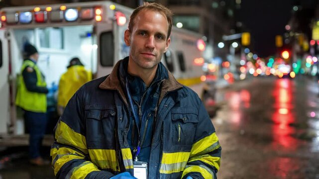 Portrait of a male emergency responder standing on a city street at night with an ambulance in the background, wearing gloves and reflective jacket. Generative AI