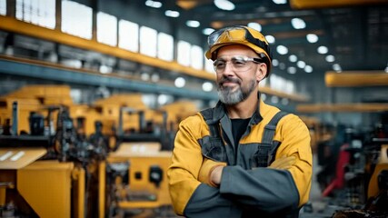Confident worker posing in safety gear with folded arms in a factory or workshop environment with machinery and industrial equipment
