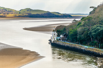A view down towards the River Dwyryd estuary from the upper levels of the village of Portmeirion, Wales in springtime