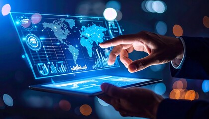 Hands interact with glowing augmented reality interface showing a world map and data streams.