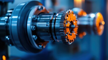 An intricate close-up of a high-tech gear system showcases precision engineering and the interplay of metal components, ideal for industrial or technology projects.