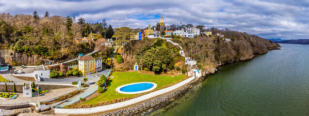 A panorama aerial view above the River Dwyryd and the  village of Portmeirion, Wales in springtime