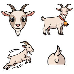 Four cartoon goats a head one standing with a bell one leaping and the rear end