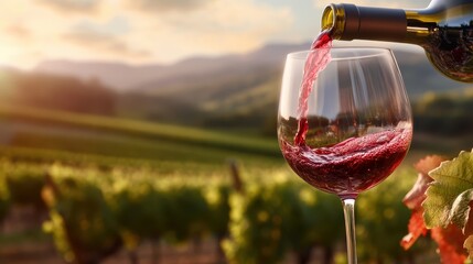 A bottle pours red wine into a glass amidst a picturesque vineyard, highlighting the beauty of wine culture and the idyllic surroundings of nature's bounty.