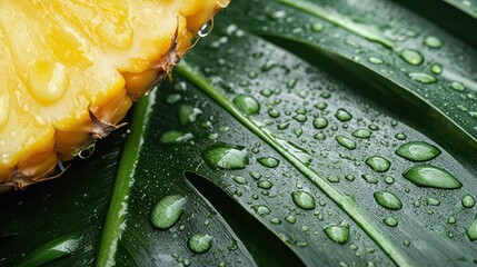 Tiki cocktail beach concept. Juicy pineapple slice on a green leaf covered in water droplets.