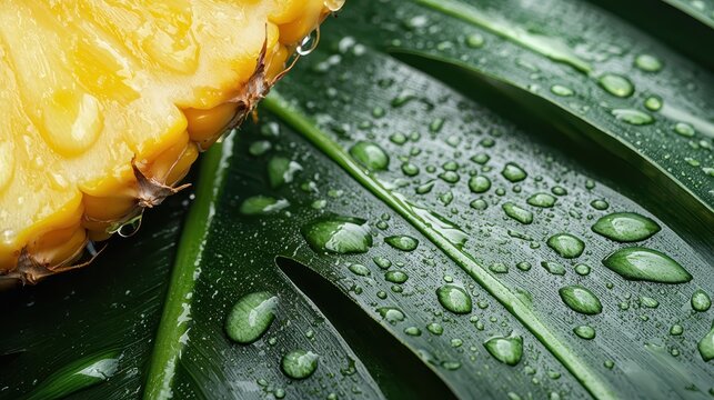 Tiki cocktail beach concept. Juicy pineapple slice on a green leaf covered in water droplets.