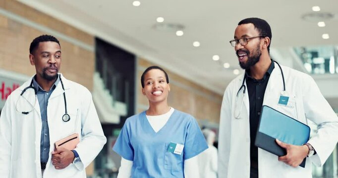 Teamwork, walking and healthcare with doctors in hospital for solidarity, synergy and meeting. Medical, advice and commitment with group of people in clinic for insurance, community and collaboration