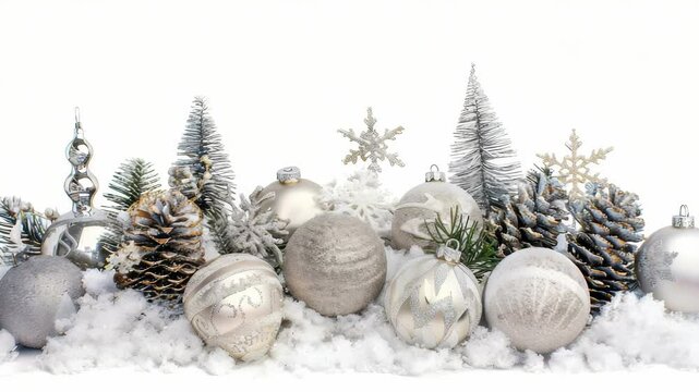 Elegant Christmas arrangement: silver ornaments, pinecones, and miniature trees in soft snow, creating a festive and bright holiday scene.