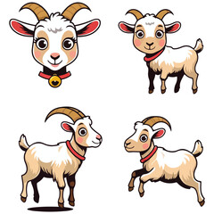 Fototapeta premium Cartoon goats illustration headshot with bell and three fullbody poses with red collars