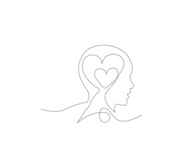 Continuous line drawing of human head with heart. Vector illustration