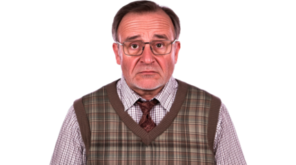 Worried senior man in glasses, plaid vest, tie, cut out transparent