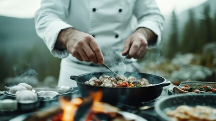A chef skillfully cooking delicious food over a campfire in a natural setting, showcasing culinary skills and a connection to nature through outdoor cooking experiences.