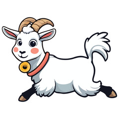 A cartoon goat with white fur a red collar and a golden bell leaping with joy