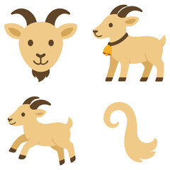 Four cartoon goat images Top a head and a standing goat Bottom a running goat and a tail