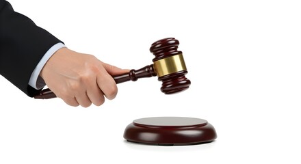 Professional hand holding wooden judge gavel symbolizing legal authority and court decision making
