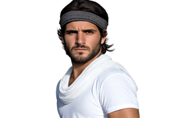Focused Hispanic male with headband and white scarf, cut out transparent