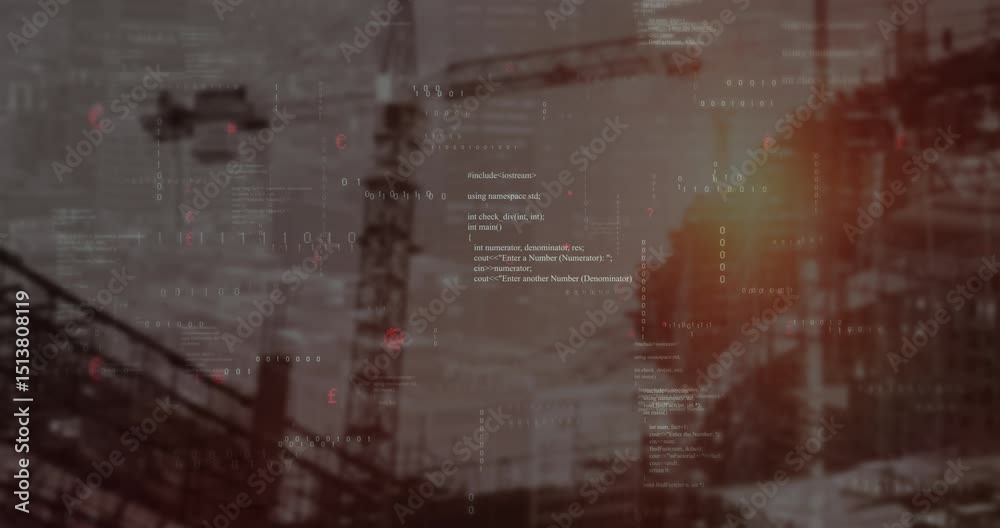 Poster binary streams flickering over crane while lens flare emerging and code scrolling visualizing data