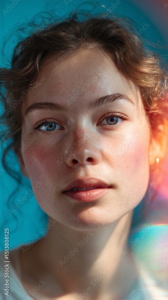 Poster a young person with curly hair gazes directly at the viewer. bright blue and pink holographic reflec