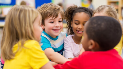 Obraz premium Joyful children engage in creative collaboration during a vibrant classroom activity