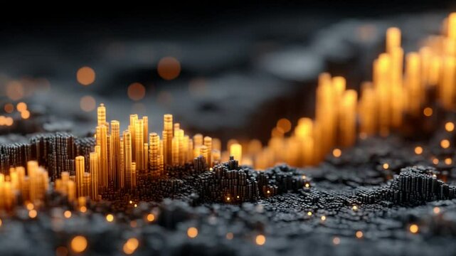 Abstract Visualization of Data Bars Rising with Glowing Particles Cinematic View
