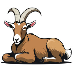 A relaxed goat with beige horns rests on the ground