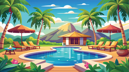Tropical Island Resort Pool Vector Design with Lounge Chairs, Vacation Luxury Illustration	