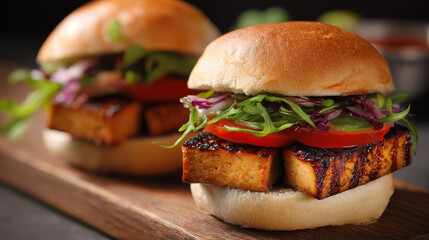 Grilled tofu sliders with fresh vegetables on wooden board