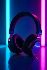 A 3D headphone in a neon background
