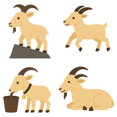 Four cartoon goats standing on rock walking drinking from pail lying down
