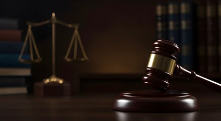 Judge gavel and scales of justice in dramatic dark lighting representing law and legal authority