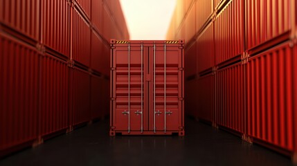 economy trade sustainability concept. Storage containers lined up in a corridor, illuminated by soft light at the end.