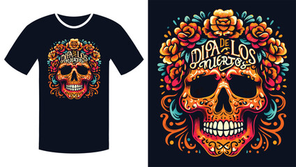 Fototapeta premium Floral Skull with Vibrant Orange Script: A Día de los Muertos Illustration T Shirt