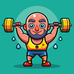 Cartoon illustration of a weightlifter lifting a barbell achieving a successful workout