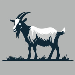A graphic depiction of a goat standing on grass against a gray backdrop