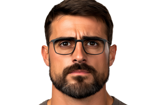 Portrait of Man with Beard and Glasses, Concerned Look, cut out transparent