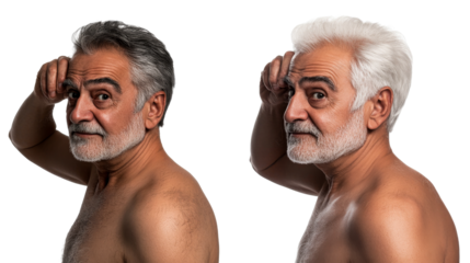 Mature senior comparing hair color side by side, cut out transparent