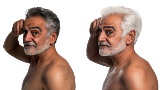 Mature senior comparing hair color side by side, cut out transparent