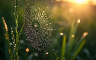 Naklejka premium Intricate Spiderweb with Morning Dew Droplets. High quality