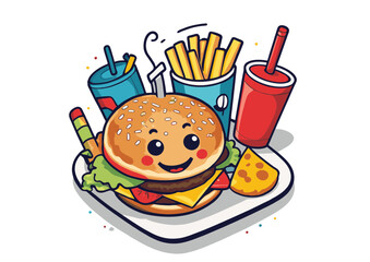 Delicious Cartoon Burger Meal  A Fun Illustration of Fast Food