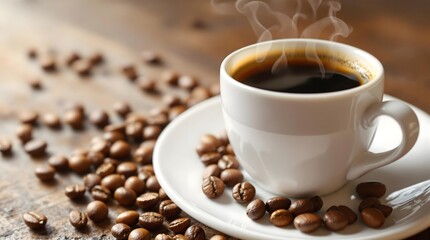 Fototapeta premium Steaming hot coffee in a white cup surrounded by roasted coffee beans on a wooden surface