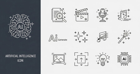 Fototapeta premium Artificial Intelligence Outline Icon Set | Modern Minimalist AI Graphic Design Elements for Web and App Interfaces, Technology Presentations