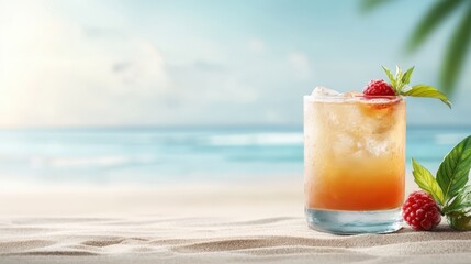 Tiki cocktail beach concept. Refreshing cocktail on a beach, perfect for summer vibes and relaxation.