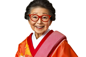 Japanese elder woman wearing kimono with red glasses, cut out transparent