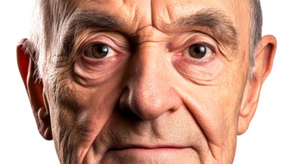 Close up of older man’s face, featuring eyes and wrinkles, cut out transparent