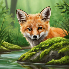 Fototapeta premium Adorable Baby Fox Peeking – Watercolor Woodland Animal Art