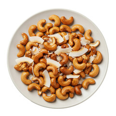 Naklejka premium A close-up view of roasted cashews and coconut flakes on a white plate, showcasing a healthy snack