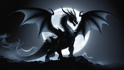 Majestic Dragon's Silhouette Rising from the Mist

